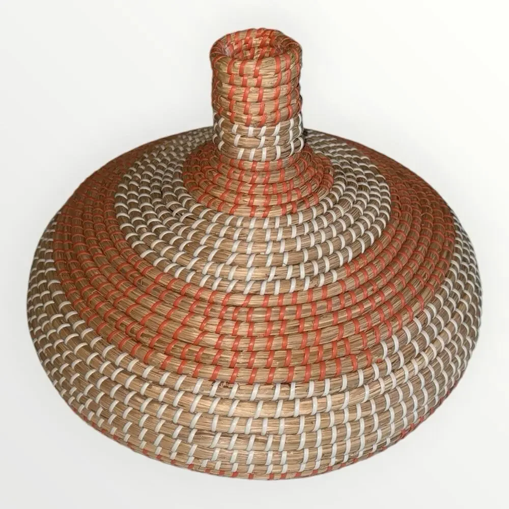 Round Wicker Decorative Basket Vase Boho Beige/Orange 16in Freestanding